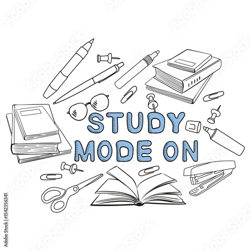 Study mode on banner in doodle style. Lettering with black outline, hand drawn books, glasses, pencil and pen. Stylish design for children's online courses and classes.