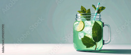 Refreshing drink in a jar with straw, ice cubes, lime slices, mint, light background