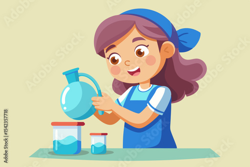 Little girl pouring water into glass carefully, learning precision