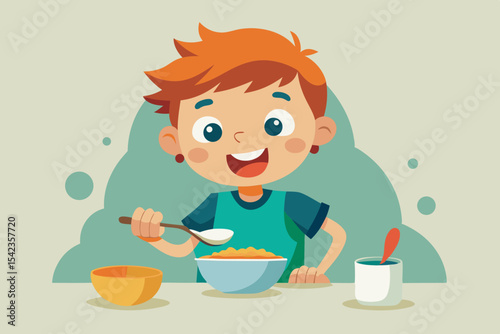 Child eating porridge with spoon alone, happy and messy