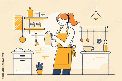 Girl tying apron to help in the kitchen, warm atmosphere