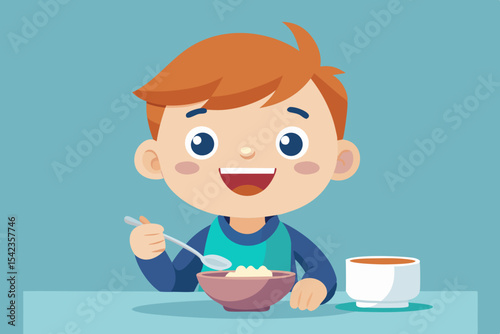Soft 3D Flat style. Child eating porridge with spoon alone, happy and messy