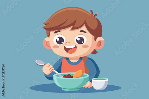 Child eating porridge with spoon alone, happy and messy