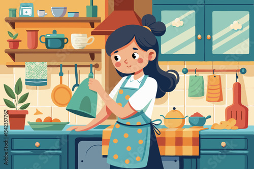 Girl tying apron to help in the kitchen, warm atmosphere