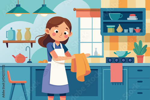 Girl tying apron to help in the kitchen, warm atmosphere