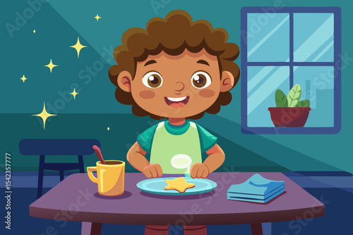 Soft 3D Flat style. Child eating porridge with spoon alone, happy and messy