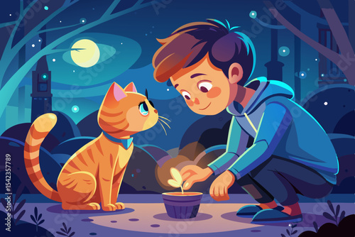 Boy gently petting cat, learning kindness and care