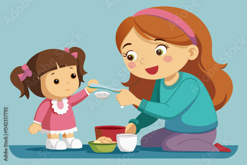 Little girl feeding doll with spoon, imitating caregiving