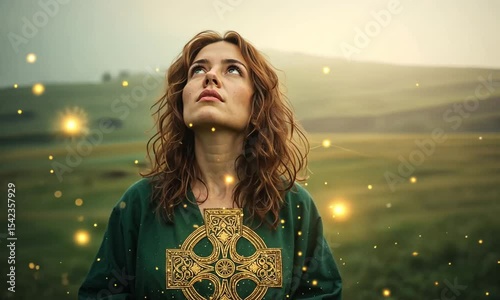 Saint Brigid of Ireland Holding Glowing Cross in Green Landscape

