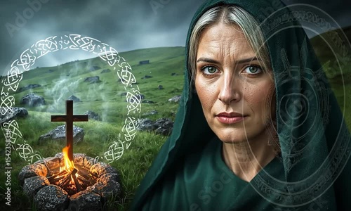 Saint Brigid of Ireland Holding Glowing Cross in Green Landscape


