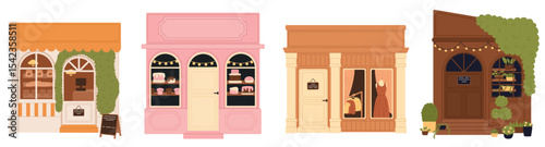 Set of small local shops. Small family business. Cafe, flower shop, clothing store. Flat vector illustration.
