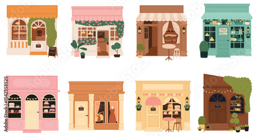 Set of small local shops. Small family business. Cafe, flower shop, bakery, clothing store. Flat vector illustration.