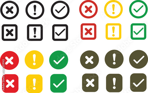 Check Mark, Cross, and Exclamation Icon Set Alert and Confirmation Vector Symbols