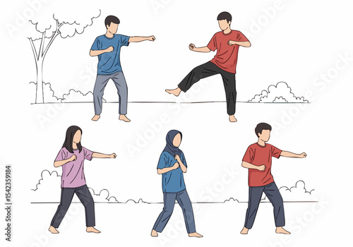 Line Art Diverse Group of People Practicing Self Defense Illustration