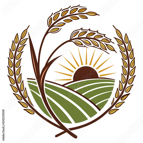 Sunrise over farmland with wheat crest logo vector