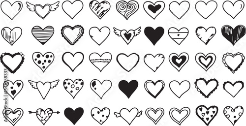 Heart doodle collection: collection of heart symbol with many shape such as love heart and heart shape with wing and heart doodle with arrow and heart sign 