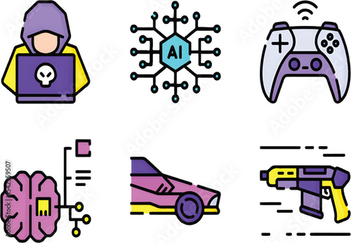 Cyberpunk icons featuring neon elements, tech gear, and dystopian digital aesthetics.