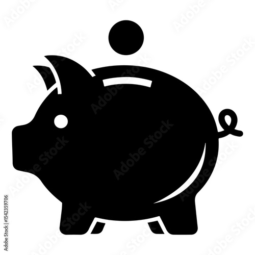 Saving Money Piggy Bank Icon - Simple Black Silhouette Illustration of a Piggy Bank with a Coin on Top for Financial Planning, Budgeting, and Wealth Management Concepts