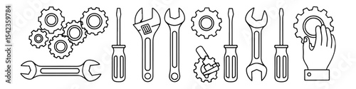 Mechanic Tools, Gears, and Hand Repairing a Gear  Vector Illustration