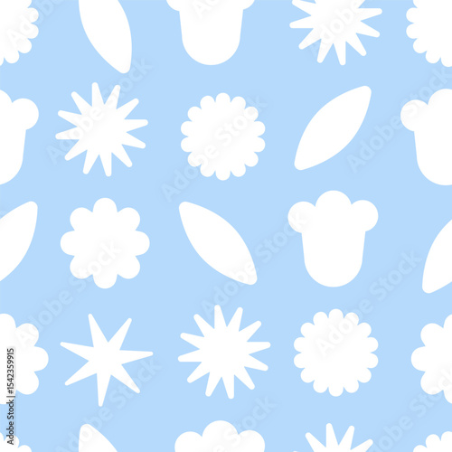White abstract flower and leaf silhouettes on pastel blue background. Seamless flat pattern. Repeating botanical design.