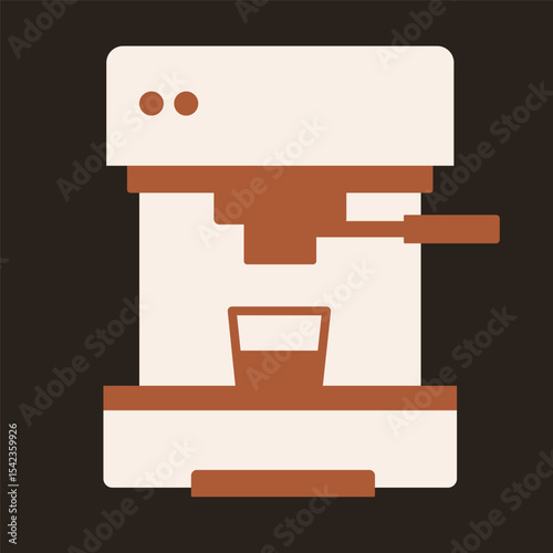 Espresso machine with portafilter and glass cup. Flat vector icon illustration on dark background. Kitchen appliance and coffee preparation concept.