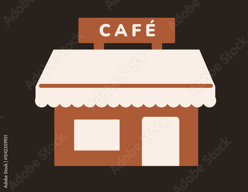 Small café building with awning and signboard. Flat vector icon illustration on dark background. Coffee shop and food service concept.
