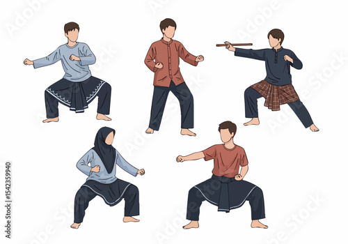 Detailed Artistic Pencak Silat Traditional Martial Art Illustration Group