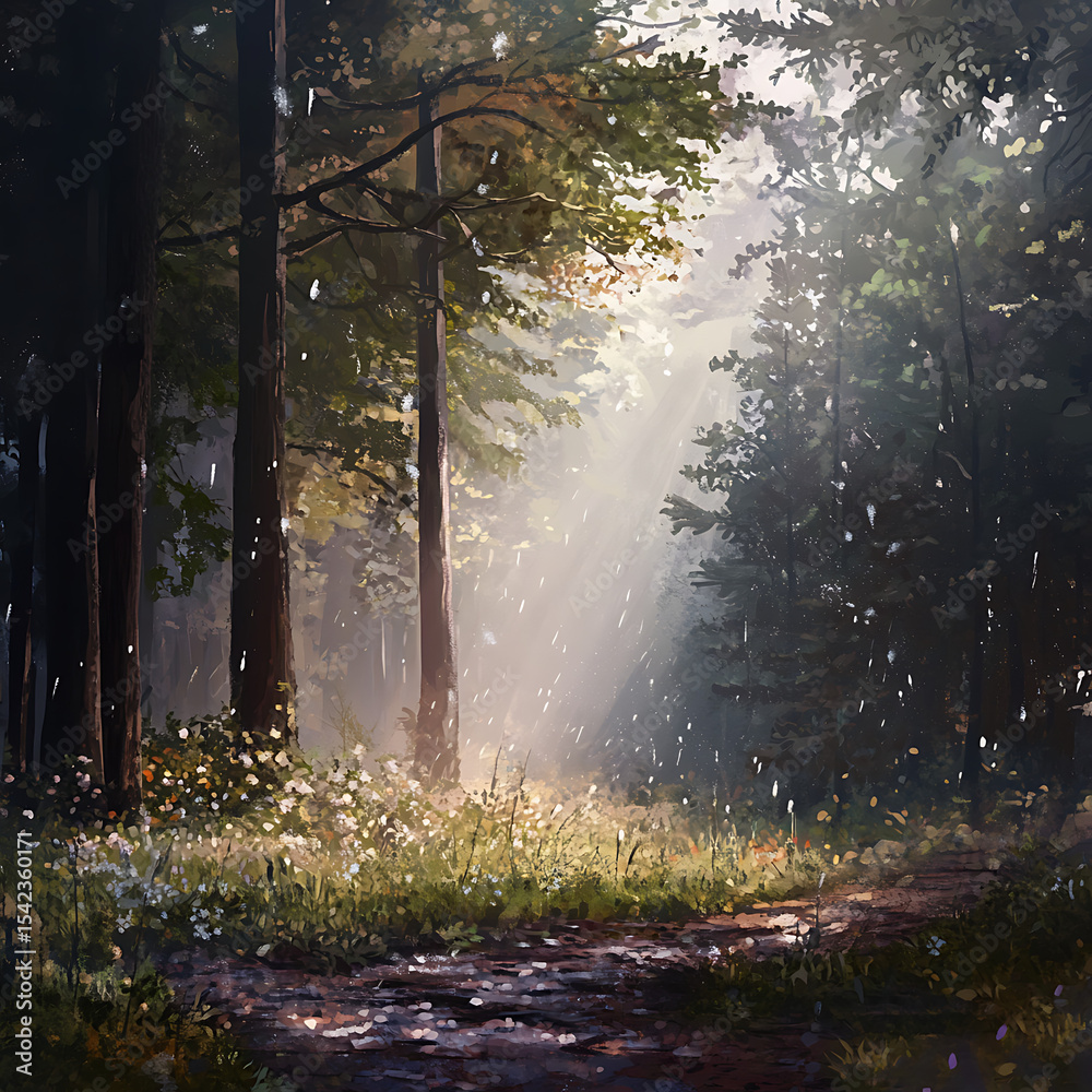 Obraz premium Early fog flows through trees over forest trail high resolution picture