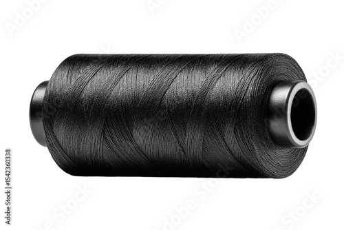 A black spool of thread is shown on a white background