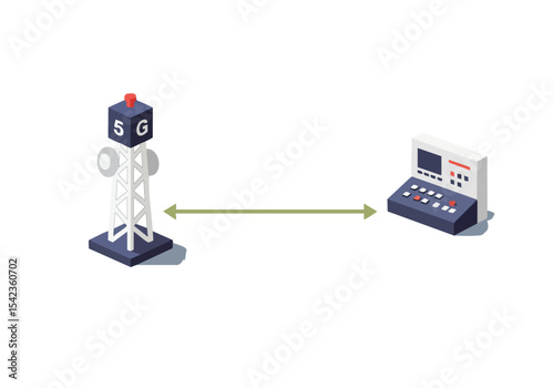 Illustration depicts a 5G link connecting a cell tower to a control panel, showcasing advanced telecommunications technology. Clean, modern design with a focus on connectivity.