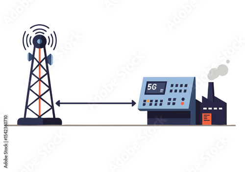 Illustration depicts 5G link connecting a cell tower to an industrial facility Modern clean design with a focus on connectivity and technology Suitable for business and tech-related visuals