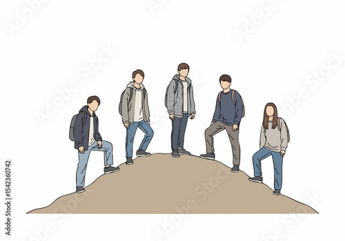 Line Art Style Group of Teenagers Standing on a Small Hill Illustration