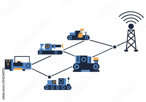 Illustrative graphic showcasing connected construction vehicles linked via 5G wireless network Modern flat design with a clear digital aesthetic Ideal for technology and industrial concepts