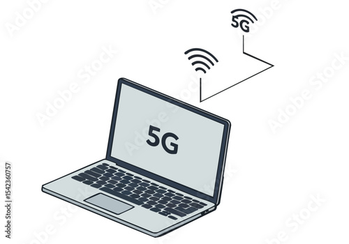 A laptop displays 5G connectivity, connected to multiple 5G signals. Modern, digital illustration. Ideal for tech, connectivity, and future concepts.