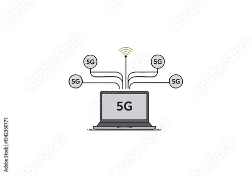 A laptop connected to multiple 5G signals, symbolizing fast internet speeds and modern technology. Clean, minimalist design with a focus on connectivity.