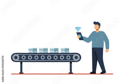 A man checks a conveyor belt with a tablet, illustrating quality control. Modern, bright illustration with a red background. Perfect for business and technology concepts.