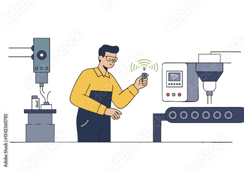A man inspects a machine using a smartphone, showcasing sensor technology. Modern industrial setting with a clean, digital aesthetic. Perfect for tech, automation, and manufacturing visuals.