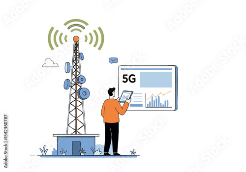 A man examines real-time 5G data on a tablet, observing a cell tower in the background. Illustrative graphic showcasing connectivity and data flow. Modern, digital, and professional.