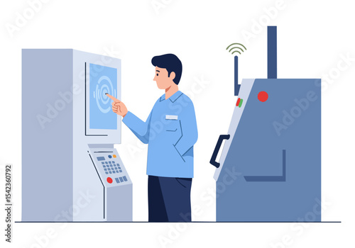 A man interacts with a 5G signal display at a modern industrial machine. Clear composition, bright colors, and a professional setting. Ideal for technology and connectivity themes.