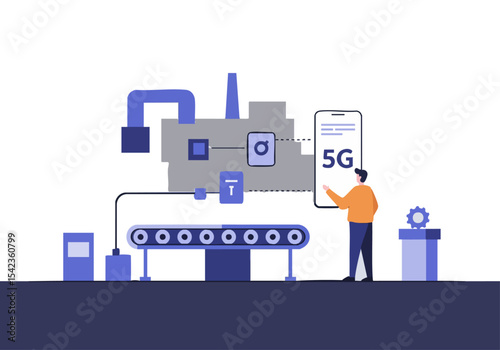 A man interacts with a 5G conveyor belt, showcasing the future of industrial automation. Modern, vibrant illustration for tech and manufacturing concepts.