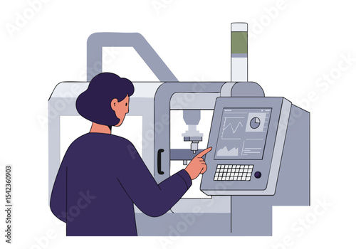 A female professional monitors data on a CNC machine, interacting with a digital display. Modern industrial setting. Data visualization.