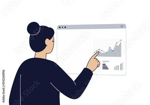 A professional woman analyzes IoT data on a dashboard, pointing at a graph. Modern, clean design with a focus on data visualization.  Illustrative style.