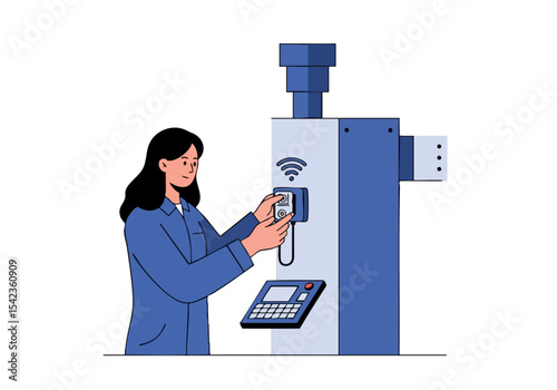 A professional woman connects a sensor to a machine, initiating setup. Clean, modern illustration with a focus on technology and workflow. Suitable for business and industrial themes.