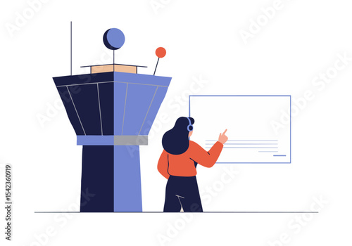 A professional woman monitors a 5G signal display at an airport tower. Modern, vibrant illustration showcasing connectivity and technology. Clean, graphic style.