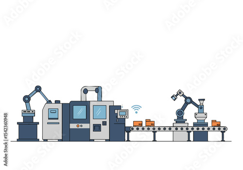 Robotic arms operate a manufacturing line, connected to data visualizations. Modern industrial design, showcasing automation and data integration. Clean, professional aesthetic.