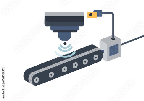 A sensor stream monitors a conveyor belt, showcasing automated industrial process control. Clean, modern illustration for technology and manufacturing themes.
