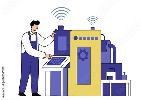 A technician adjusts 5G settings on a complex industrial machine. Modern, digital, and professional. Clear composition, vibrant colors.