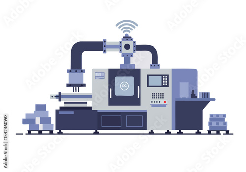A stylized robotic arm operates a modern industrial machine with 5G connectivity. Clean, geometric design with a blue and grey color palette. Ideal for technology and automation concepts.