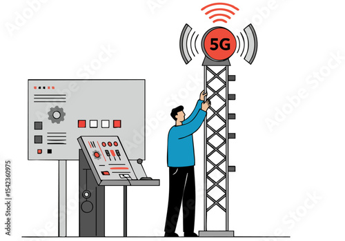 A technician adjusts a 5G tower, overseeing network controls. Modern, professional setting. Illustrative graphic showcasing connectivity and technology.