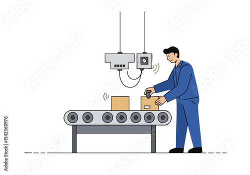 A technician adjusts a sensor on a conveyor belt, monitoring production. Clean, modern illustration with a focus on industrial automation. Bright, professional aesthetic.
